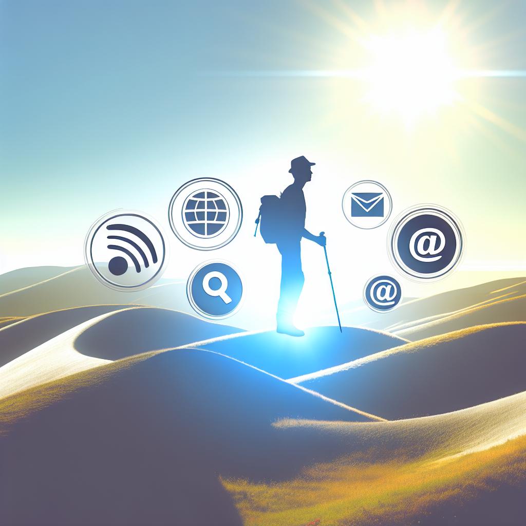 Navigating through hills with a guide, bright background, digital marketing icons