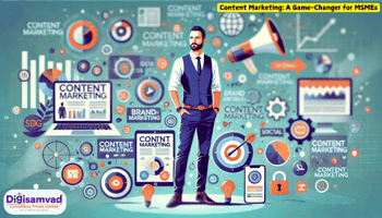 Content marketing strategies empowering MSME growth: business owner surrounded by digital devices, social media icons, and marketing symbols